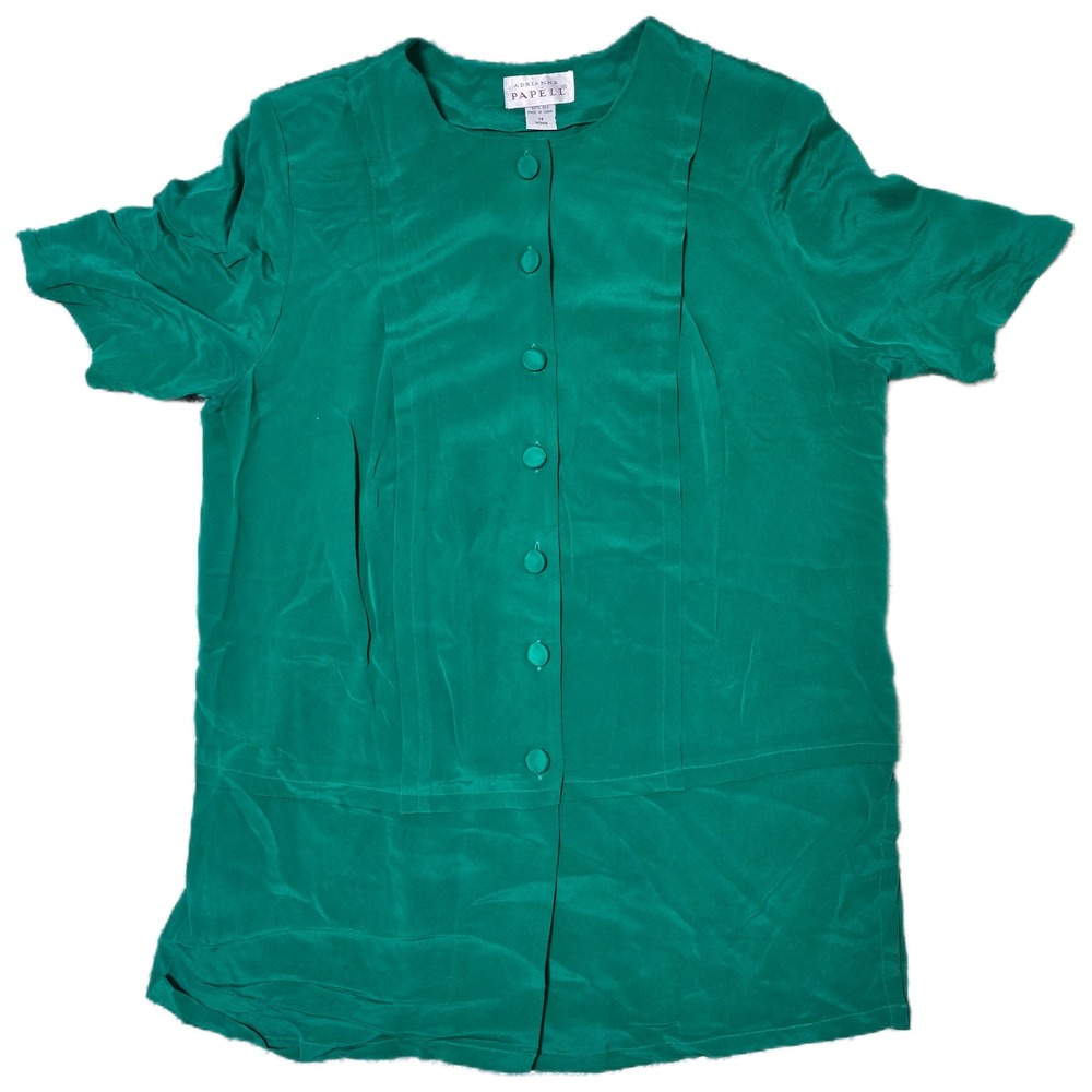 Adrianna Papell Silk Green Button Down Short Sleeve Top Size 14 Woman Career(E)